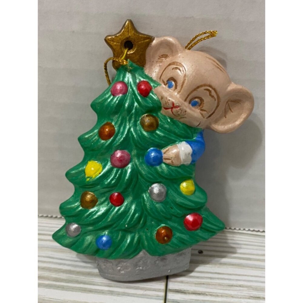 Vintage Handpainted Christmas Mouse Tree Ornament 1980's Hobbyist
